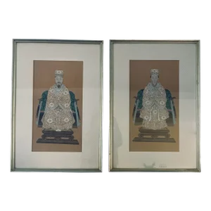 Vintage Chinese Ancestor Paintings on Silk - Framed Pair
