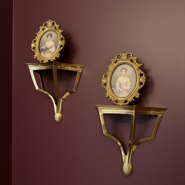 Art Deco Late 20th Century Pair Brass Wall Shelves-Art Deco-Hollywood Regency-Vintage Display-Classic-Metal For Sale - Image 3 of 9