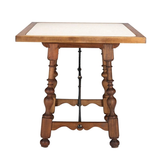 Baroque Walnut and Travertine Marble Top Table in the Spanish Baroque Taste, 1925 For Sale - Image 3 of 11