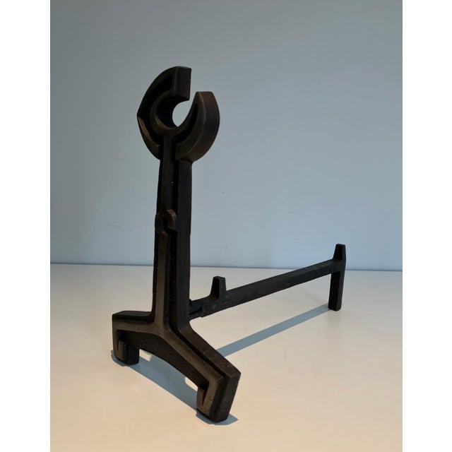 Modernist Cast Iron and Wrought Iron Andirons - a Pair For Sale - Image 11 of 12