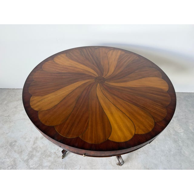 1980s Vintage Thomasville Ernest Hemingway Collection Inlaid Pinwheel Round Center Table With Drawers For Sale - Image 5 of 12