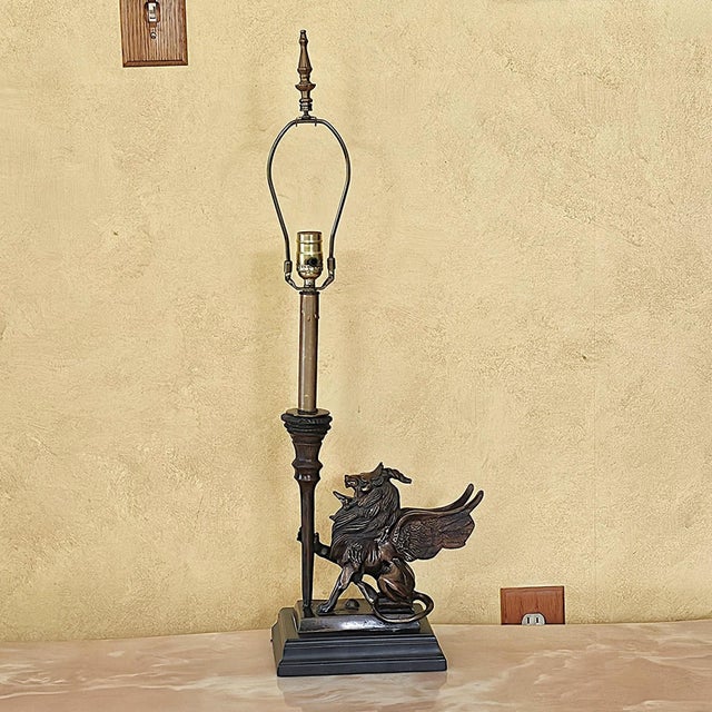 Vintage Neoclassical Bronze Winged Lion Griffin Table Lamp With Linen Shade For Sale - Image 14 of 18