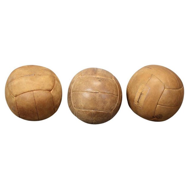 Animal Skin Vintage Czechoslovakian Brown Leather Medicine Ball, 1930s, Set of 3 For Sale - Image 7 of 7
