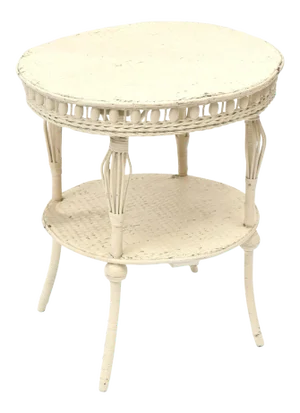 Victorian Round Wicker Two Tier Side Table by Heywood-Wakefield Co.