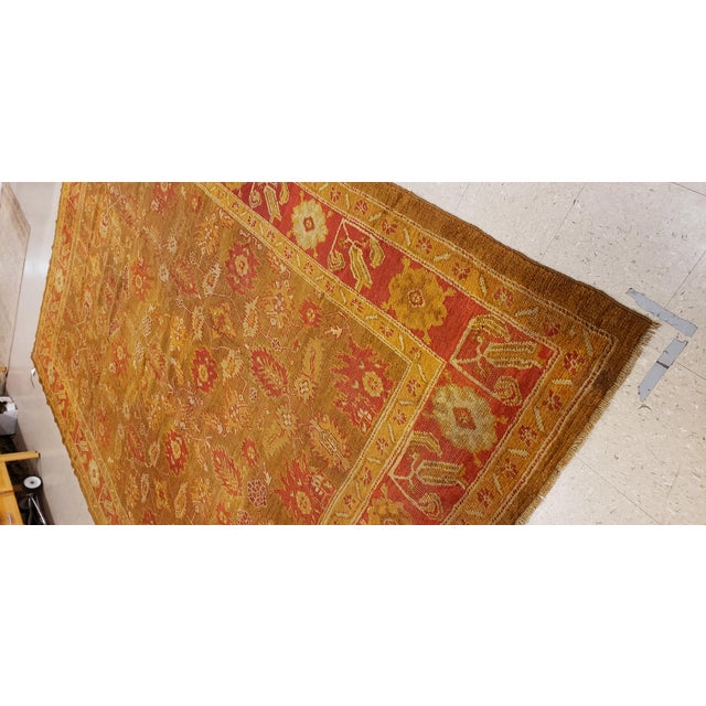 Antique Oushak Carpet, Oriental Rug, Handmade Green, Saffron, Ivory and Coral For Sale - Image 16 of 18