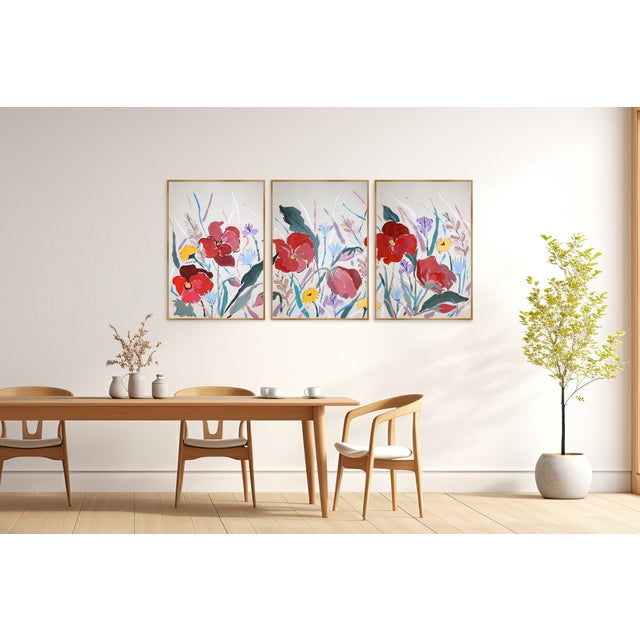 Poppies and Wildflowers unfolds as a lyrical triptych, where fluid brushwork and a vibrant yet balanced palette evoke the...