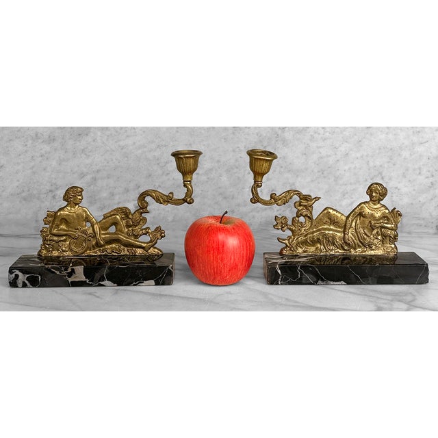Rococo Vintage French Neoclassical Brass & Marble Figural Candlestick Holder - A Pair For Sale - Image 3 of 11