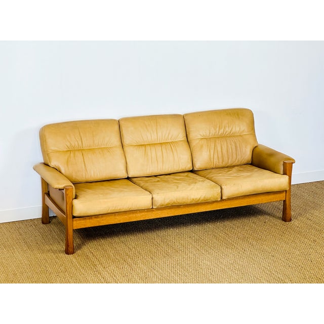 1960s Complete Living Room Set in Natural Leather and Oak by Pierre Chapo for FDB, 1960s, Set of 3 For Sale - Image 5 of 18