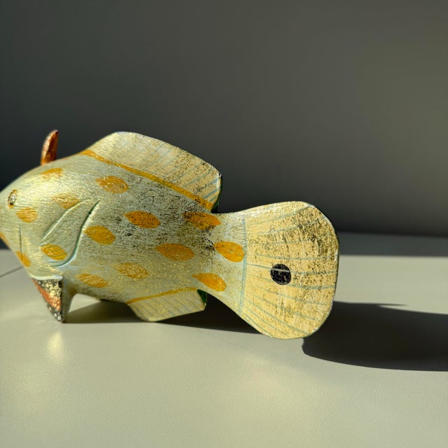 Mid 20th Century Mid 20th Century Hand Painted Blue and Gold Brushed Wood Triggerfish Decoy For Sale - Image 5 of 8