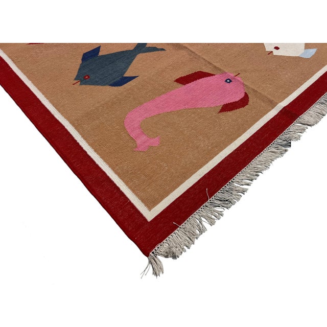 Textile Handmade Cotton Vegetable Dyed Flat Weave Area Rug, Tan, Red Fish Patterned Dhurrie - 9'x12' For Sale - Image 7 of 16