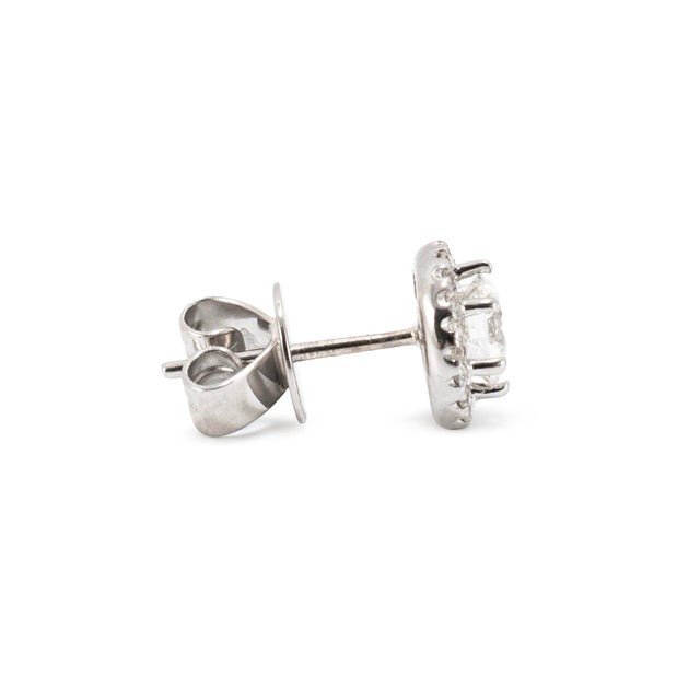 Unisex 18k White Gold Gia 1.21ctw Round Brilliant Cut Diamond Halo Stud Earrings, A Pair For Sale In Houston - Image 6 of 10