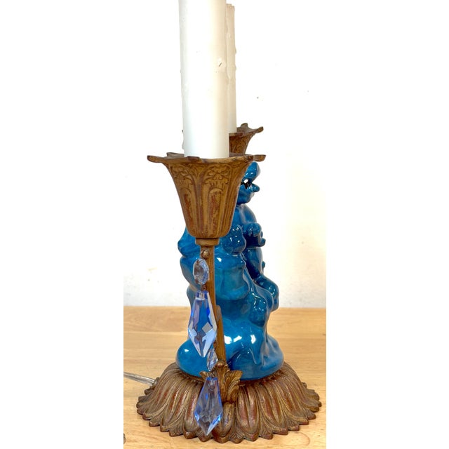 Early 20th Century French Belle Époque Chinoiserie Foo Dog Candelabra Lamp, Turquoise Flambé For Sale - Image 10 of 11