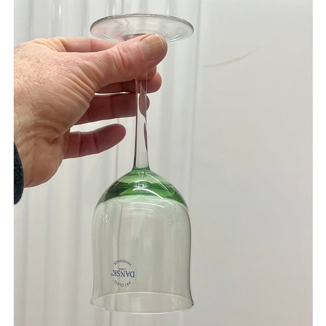 Mid-Century Modern Set of 4 Vintage Dansk 'Hanna Green' Style Art Glass Wine Goblets - Green Base, Clear Stem For Sale - Image 3 of 6