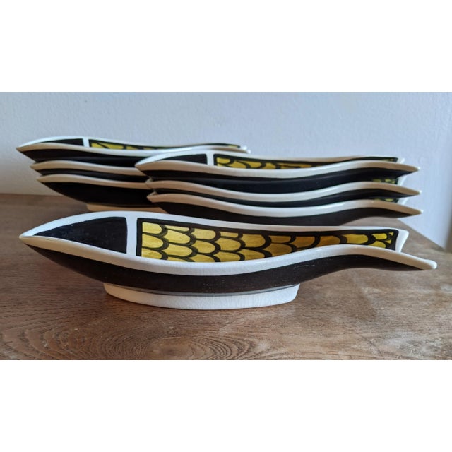 Mid 20th Century Vintage Color Blocked Swiss Ceramic Fish Snack Plates or Wall Art - Set of 7, Made in Switzerland For Sale - Image 5 of 12