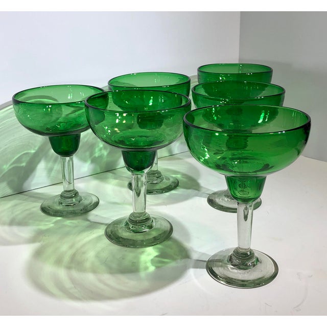 Set of 6 Hand Blown Southwestern Mexican Bubble Clear and Green