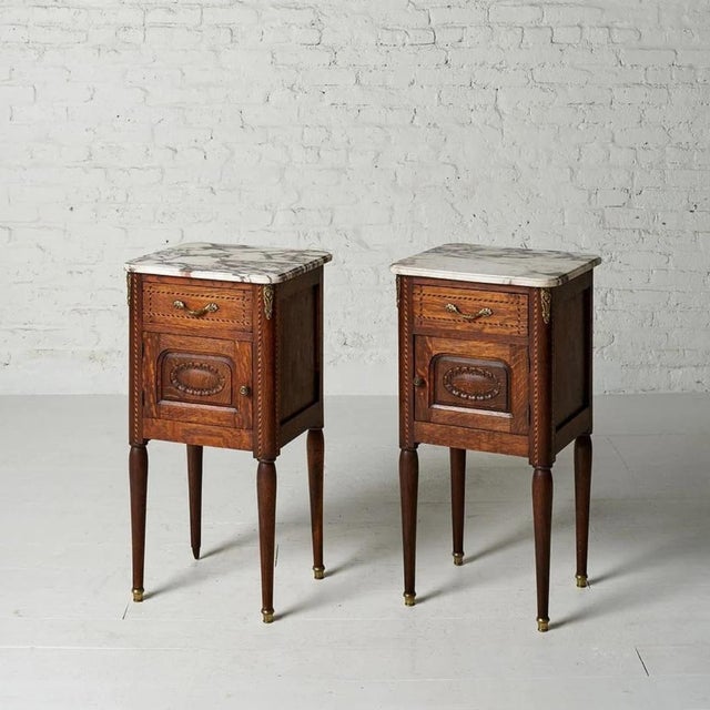 French Circa 1920s Belgian Louis XVI Style Marble Top Bedside Tables (Set of 2) For Sale - Image 3 of 12