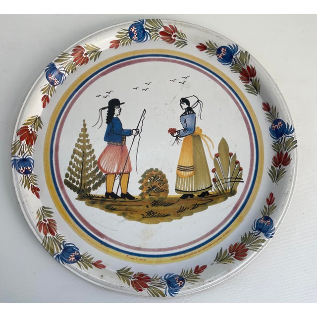 French Country Vintage Quimper Faience Tin Tray Platter For Sale - Image 3 of 3