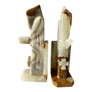 Vintage 1960s Marble Onyx Monk Bookends - a Pair For Sale