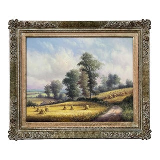 Vintage Painting of Harvest Time in the English Countryside by British Artist 1990 Circa For Sale