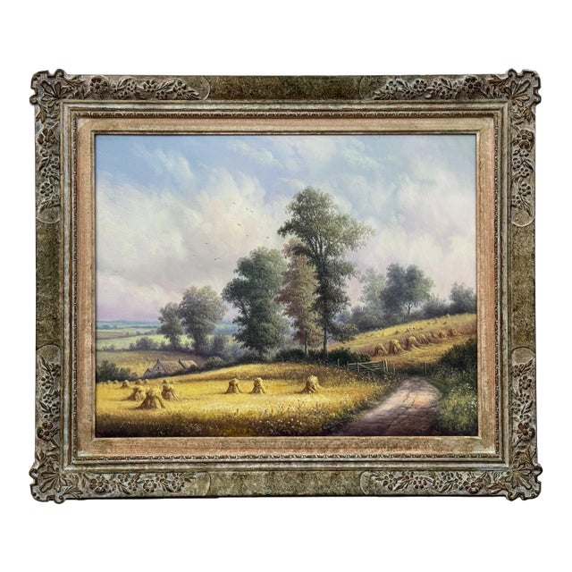 Vintage Painting of Harvest Time in the English Countryside by British Artist 1990 Circa For Sale