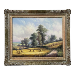 Vintage Painting of Harvest Time in the English Countryside by British Artist 1990 Circa