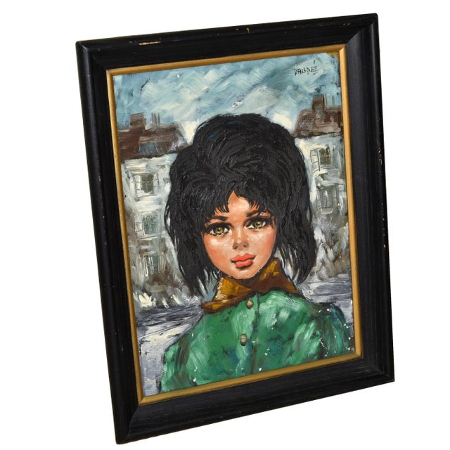 Framed signed Daude Vintage Mid-Century Oil Painting Cityscape French Girl with Black Hair Brown Eyes Green Coat. Circa...