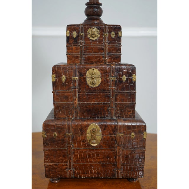 Animal Skin Pair Textured Leather Design Stacking Chest Lamps For Sale - Image 7 of 12