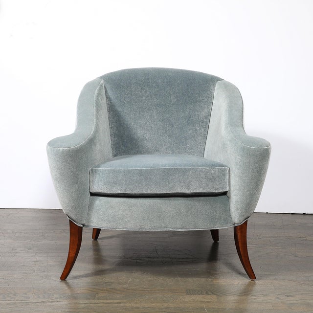 This graceful Art Deco Scroll Form Lounge Chair w/ Walnut Supports & Powder-Blue Velvet Mohair originated in the United...