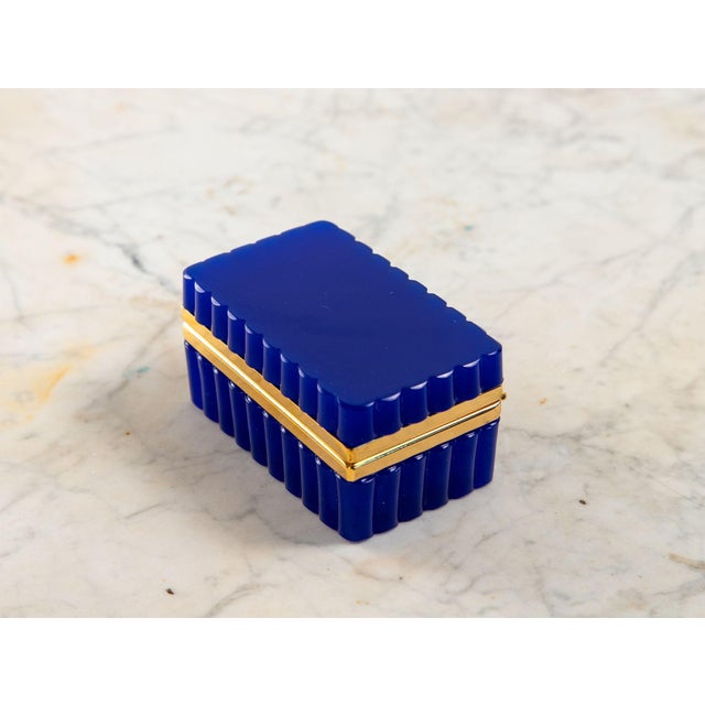 Glass Vintage Blue Opaline Scalloped Glass Box With Brass Mounts, France 20th C. For Sale - Image 7 of 9
