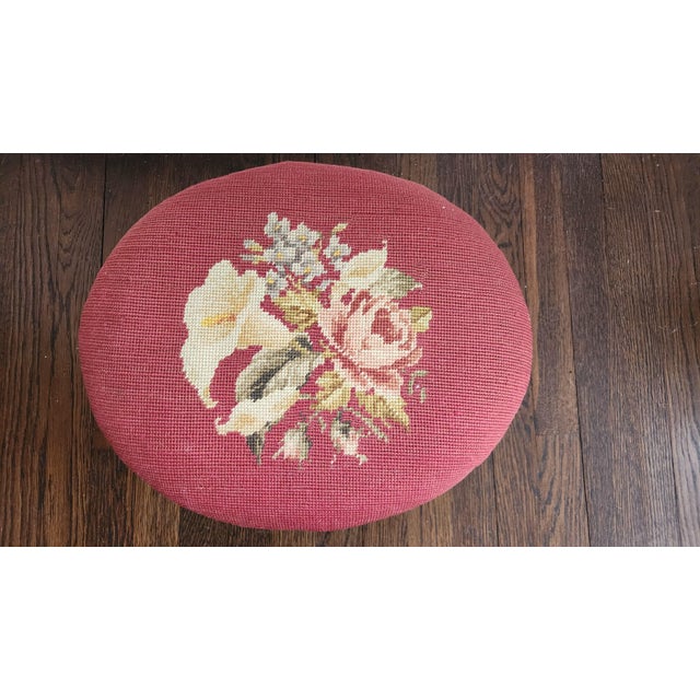 English Early 20th Century Vintage Floral Needlepoint Footstool For Sale - Image 3 of 12