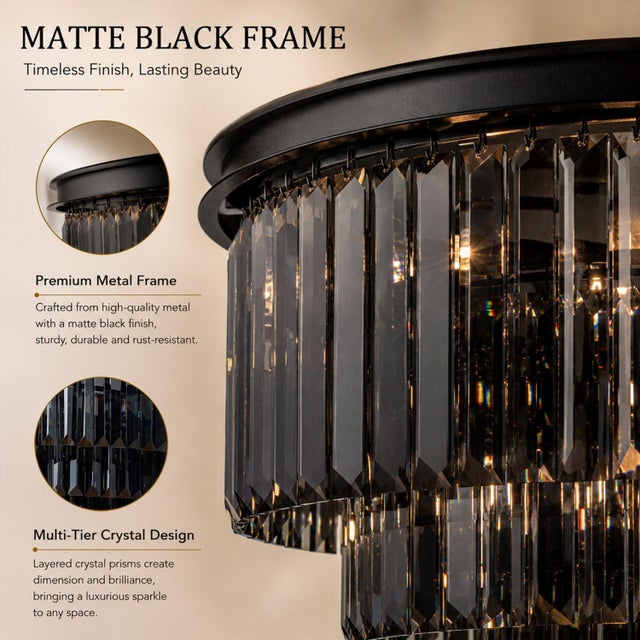 Modern Aloadecor Modern Matte Black 4-Tier Round Fringe Chandelier With Smoke Crystal Accent For Sale - Image 3 of 7