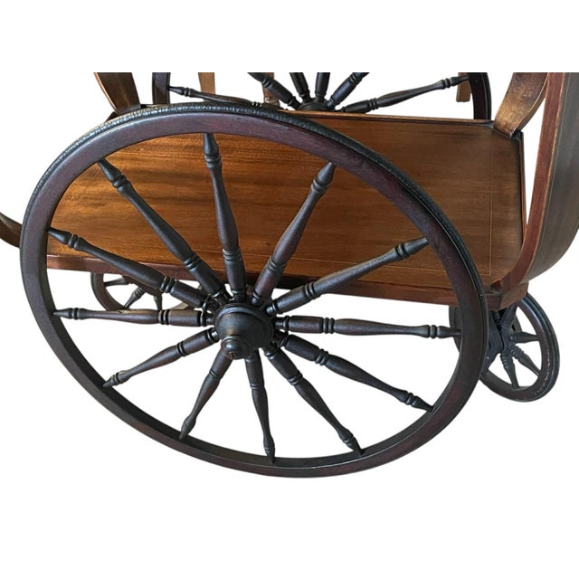 Wood Antique Tea Cart With Brass Inlay, Wood Framed Glass Tray Top For Sale - Image 7 of 18