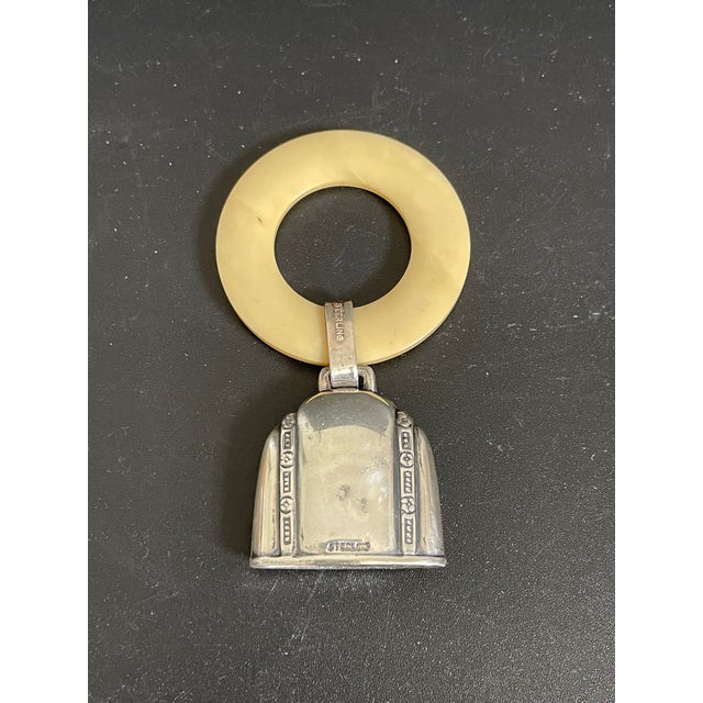 Art Deco Antique Sterling Silver Baby Rattle With French Ivory (Celluloid) Teething Ring For Sale - Image 3 of 10