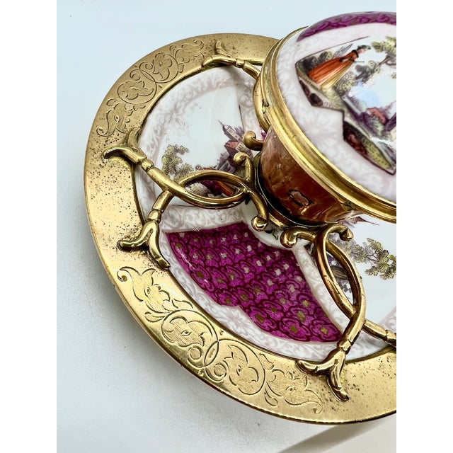 Antique Paris Porcelain Inkwell and Pen Tray with Watteau Scenes and Gilt Brass, 19th Century, Set of 2 For Sale - Image 6 of 15
