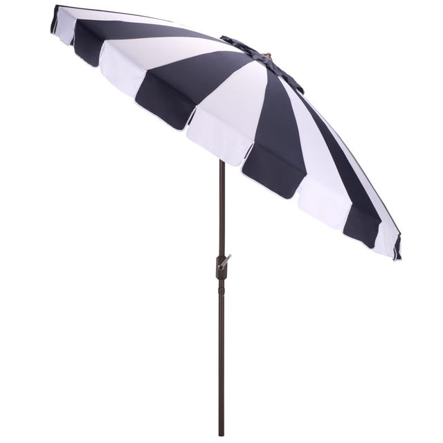 Navy Blue Buti 9 Ft Crank Umbrella, Navy Cabana Stripe/Brown Pole For Sale - Image 8 of 9