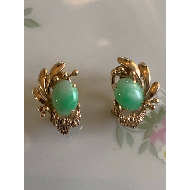 Jade Vintage 14k Gold Jade Cabochon Earrings, A Pair For Sale - Image 8 of 9