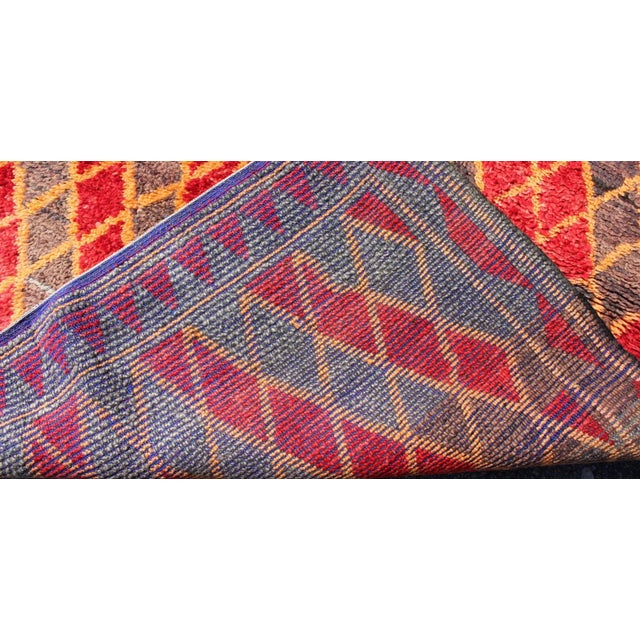 Mid 20th Century Midcentury Moroccan Rug With Orange, Red, Brown Diamonds and Blue Fringe Detail For Sale In Atlanta - Image 6 of 7