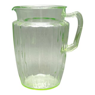 Vintage Anchor Hocking "Pillar Optic" Paneled Green Uranium Depression Glass Pitcher, Circa 1930's For Sale