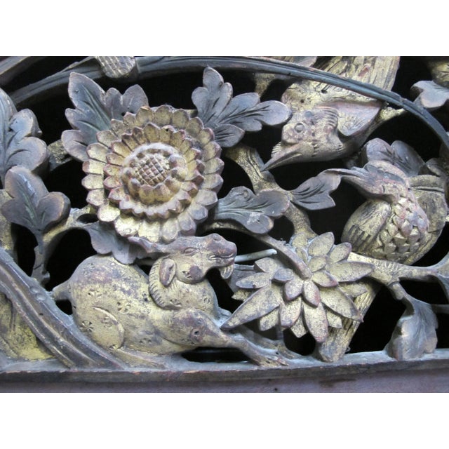 Early 20th Century Chinese Carved Pierced Gilt Wood Goat Animal Flower & Bird Art Wall Panel For Sale - Image 5 of 7