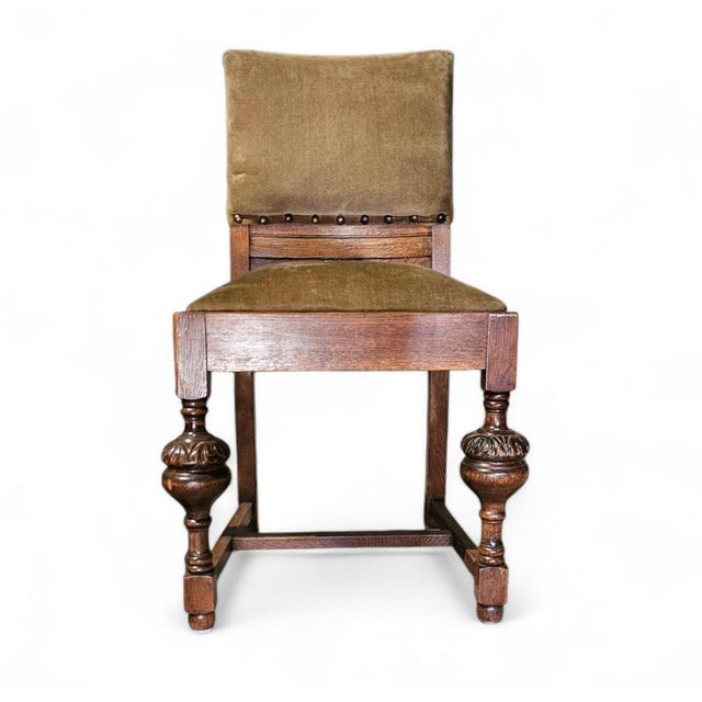 Jacobean Tudor Style Oak Chairs with Green Velvet Upholstery, 1930s For Sale - Image 9 of 12
