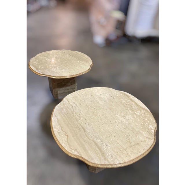 1970s Pair of Vintage 1970s Italian Travertine Scalloped Edge End Tables – 27.75" Diameter For Sale - Image 5 of 18