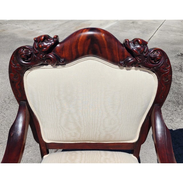 Chinoiserie Antique Asian Rosewood Carved Foo Dogs Armchairs Set of 2 For Sale - Image 3 of 12