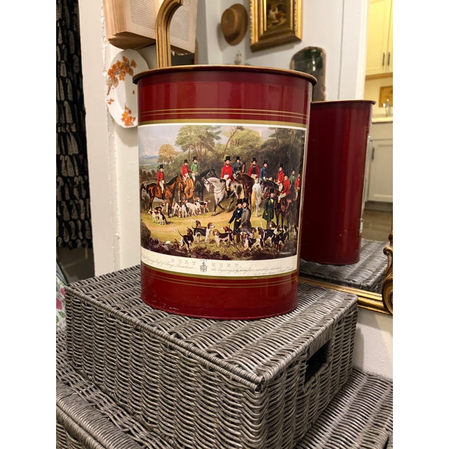 1960s English Oval Red Metal Wastebasket W/ Fox Hunt Artwork - The Bury. Very Clean For Sale - Image 4 of 5