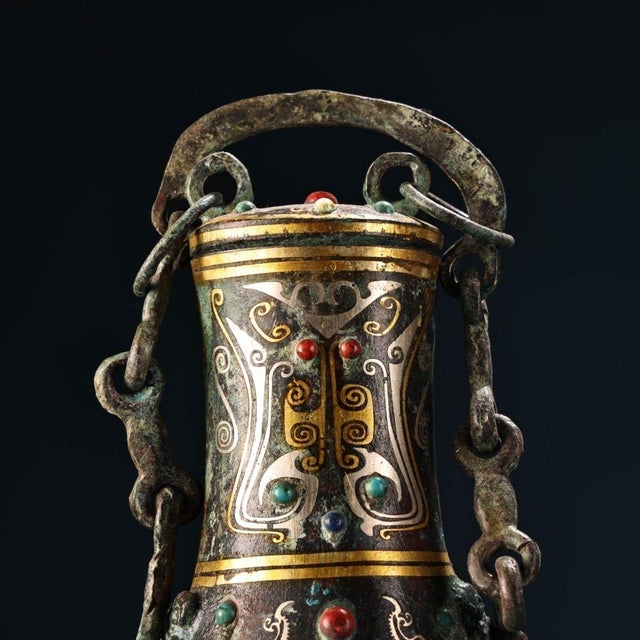 Antique Chinese Bronze Vase With Gold & Silver Inlay, Gemstones & Chain Handle For Sale - Image 4 of 10