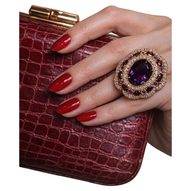 Bochic “Flamenco” Vintage Diamond, Amethyst & Fancy Multi-Gem Cocktail Ring in 18K Gold & Silver A dramatic and highly...