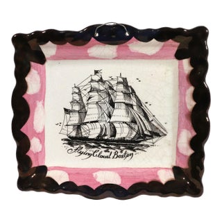 1980s Decorative Luster Maritime Pottery Plaque Titles Flying Cloud Boston For Sale