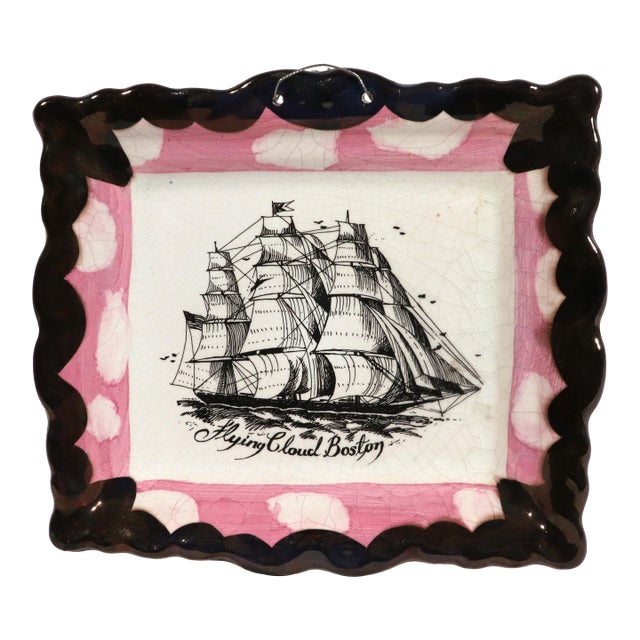 1980s Decorative Luster Maritime Pottery Plaque Titles Flying Cloud Boston For Sale