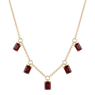 18k Gold Plated Emerald-Cut Garnet Five-Stone Dangle Drop Necklace For Sale