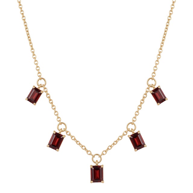18k Gold Plated Emerald-Cut Garnet Five-Stone Dangle Drop Necklace For Sale