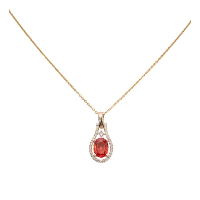 Natural Padparadscha Sapphire Pendant With Earth-Mined Diamonds: Solid 14k Gold For Sale